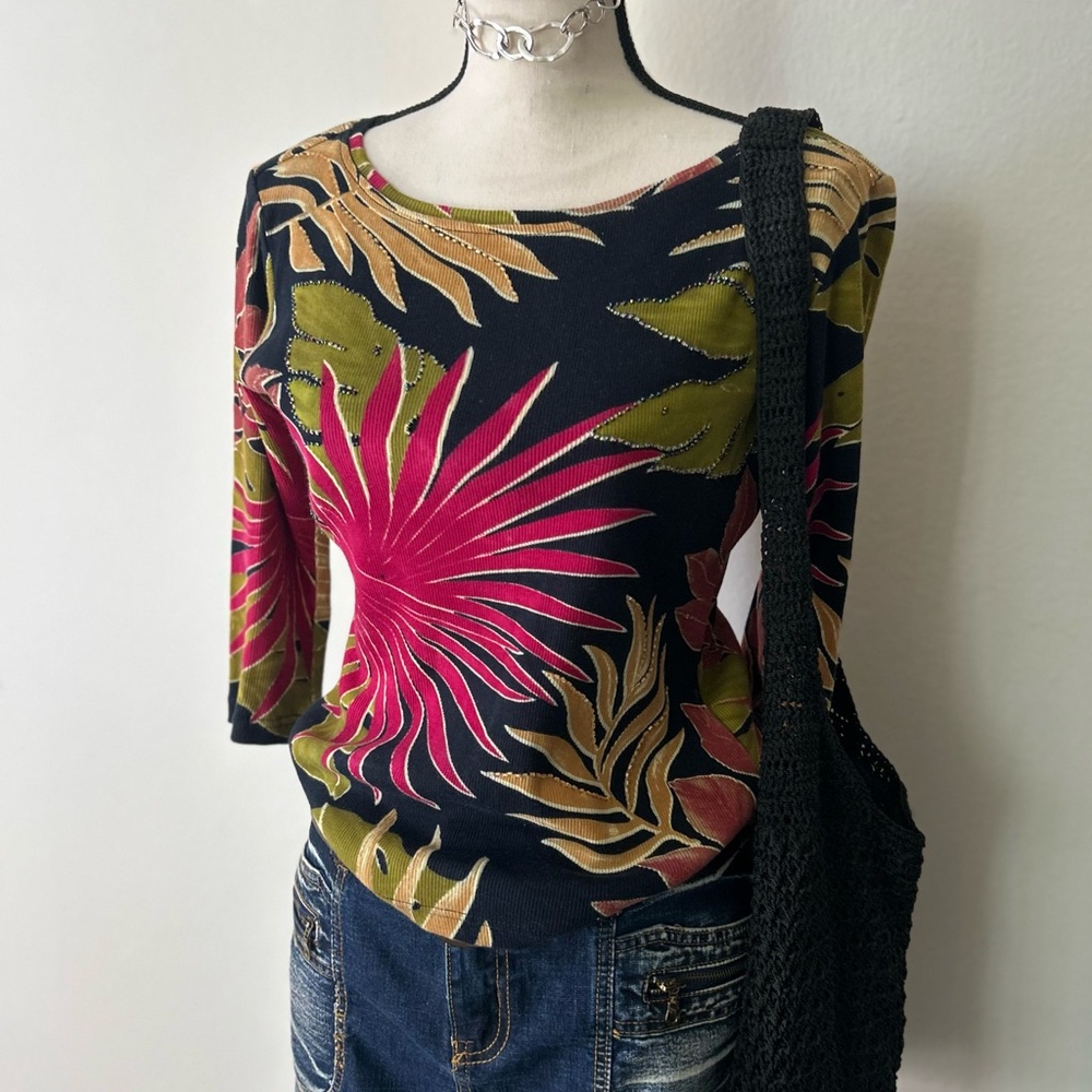 Women’s Vintage Floral Beaded Ribbed Colorful Tropical Boho Resort Jersey Cotton
